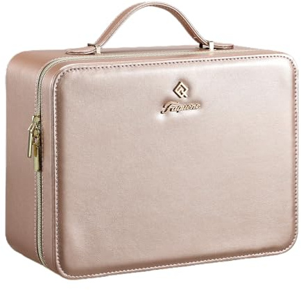 Makeup Case with LED Mirror Vanity Case Removable Light Up Mirror PU Leather Portable Makeup Artist Carry Vanity Box with Dividers Makeup Brush Holder, Champagne Gold