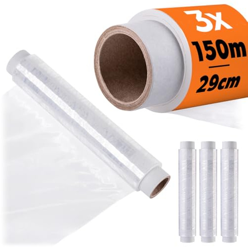 KADAX 3 x plastfolie 29 cm x 150 m rulle, transparent folie för att hålla färsk, täcka och lufttät förpackning av livsmedel, stor köksfolie