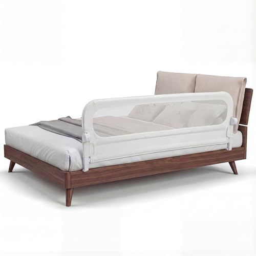 COSTWAY Barrera Seguridad Niños, Barandilla Plegable para Cama, Barandilla de Seguridad Ajustable dcon Funda Extraíble de Tejido Oxford y Base Robusta en Forma de U (Blanco,200 x 60 cm)