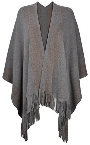 ZLYC Couverture en Tricot de Femme Poids léger Châle d'or Garniture Poncho Frange avec Garnitures de Contraste