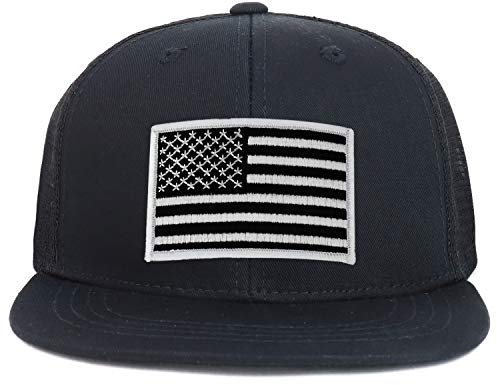 Armycrew Youth Kid's Black White American Flag Patch Flat Bill Snapback Trucker Cap - Black Black