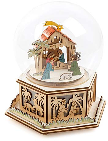 11389 Campana de luz, pesebre con caja de música, de madera, con luz y melodía navideña
