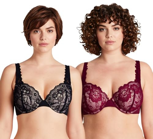 Curve Muse - Taglie Forti Donna Aggiungere 1 Tazza e Mezza Reggiseni Push up Convertibili con Ferretto-Confezione da 2-Nero,Borgogna-7E