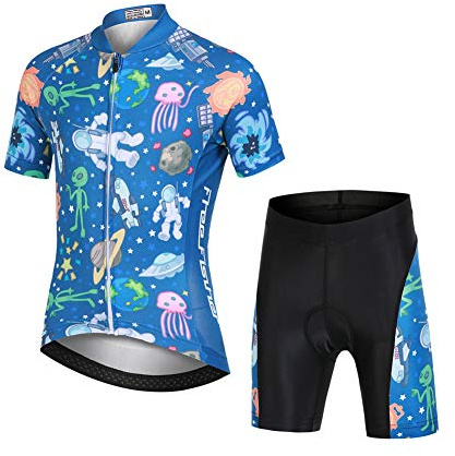 LSHEL Jersey Maillot de Cyclisme Dessin Animé Unisexe pour Enfants Ensemble de Cyclismes Vélo Manches Courtes + Short, Univers paisible, 7-8ans/M
