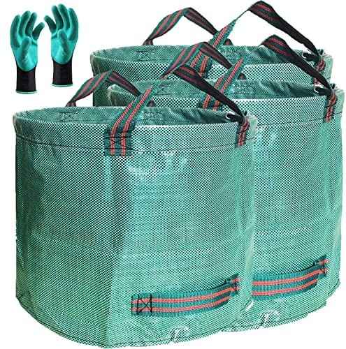 Paquete de 3 bolsas profesionales de 137 galones para jardín (D34, H34 pulgadas), bolsas de basura grandes con guantes de jardinería, bolsa reutilizable extra grande, bolsa de recortes de césped