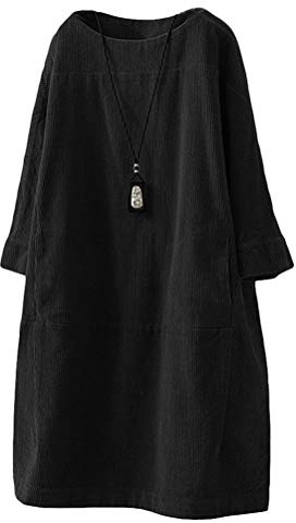 FTCayanz Women's Cotton Tunic Dress Corduroy Vintage Long Sleeve Casual Dresses Black Large