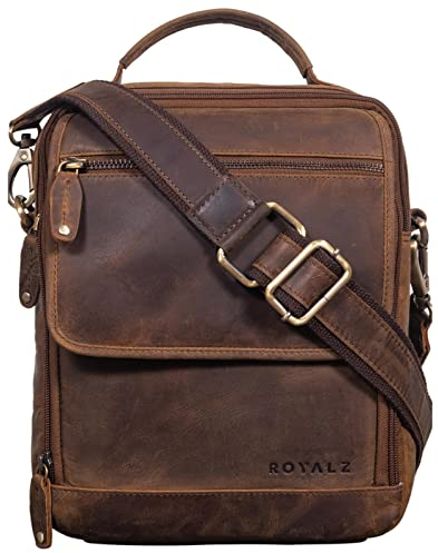 ROYALZ 'Tennessee' Handliche Echtleder Herrentasche zum Umhängen - Kleine Leder-Tasche Herren Umhängetasche Männerhandtasche im Vintage Design für Tablet 11 Zoll, Farbe:Nevada braun