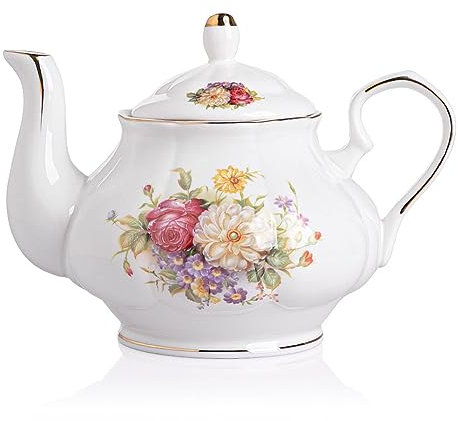 Sweejar Home Porzellan-Teekanne, Vintage Floral Goldrand Design Keramik Teekanne, Blumentee lose Blatt Teekanne, Kaffeekanne, Frauen und Teeliebhaber, 800 ml, 3-4 Tassen (FlowerStyle)