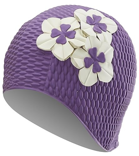 Sporti Flower Bubble Swim Cap, Floral Design, Women Protection Bathing Caps, Made from Latex/Rubber & Keep Head Warm - Floral Bubble Swim Cap - Purple/Ivory Flowers