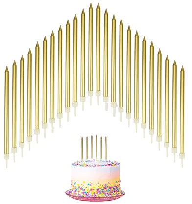 24 PCS Birthday Candles for Cakes, Cake Sparklers with Holders, 13.5CM Long Cake Candles, for Baby Birthday Wedding Party Decoration, Birthday Cake Candles (Gold)