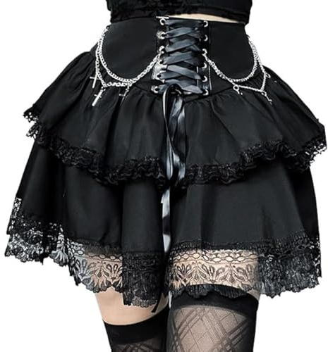 SEAUR Jupe Courte Steampunk Noir Femme Jupe Gothique Dame Mini Jupe Elégant Vintage Jupe Punk Fille Cosplay L