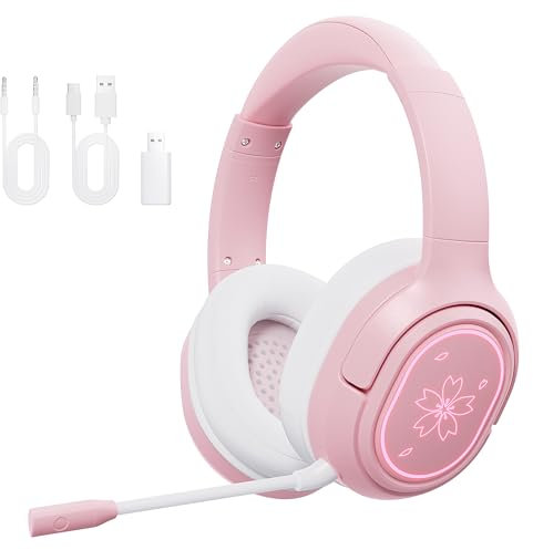 Mytrix Sakura - Cuffie da gioco wireless per PC, PS4, PS5, Mac, Switch, driver da 50 mm, 2,4 GHz e cuffie da gioco Bluetooth, con microfono a cancellazione del rumore, cuffie over-ear per Xbox con