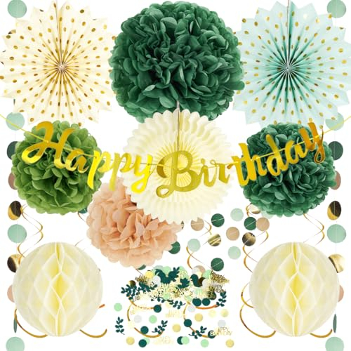 Capaneus Geburtstagsdeko Grün Gold, Party Deko Geburtstag, Salbeigrün Geburtstagsdeko Frauen Mann, Happy Birthday Girlande, Pompons Deko Grün, Wabenbälle Deko, Geburtstag konfetti Grün Gold