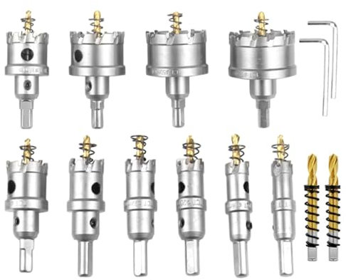 W&H 14tlg Lochsäge Set, 10 Bimetall Bohrkrone Ø16mm-55mm, 2 Harter Zentrierbohrer, 2 L-Förmiger Schraubenschlüssel, Kann Löcher in Holz, Metall, Marmor und Kunststoffbretter Bohren