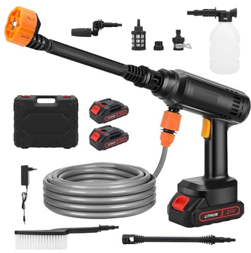 Roadtime Idropulitrice a Batteria con spazzola per la pulizia,Rondella ad alta pressione senza fili Elettrica portatile,6 in 1 Ugello,Tubo da 5M,Vaso di schiuma, per Giardino, Auto(2 Batterie)