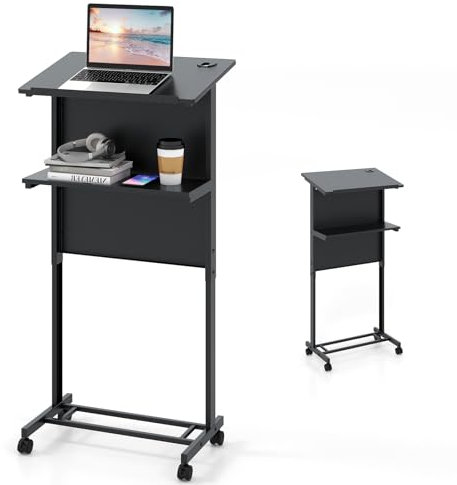 LIFEZEAL Mobiler Stehpult-Podium-Ständer, Höhenverstellbarer Konferenzpult mit 2 Etagen, Neigbarer Tisch Präsentationsständer 60 x 40 x 108,5 cm