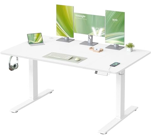 VASAGLE Electric Standing Desk, 140 x 80 cm, USB C Port, Cable Tray, Height Adjustable Desk, Sedentary Reminder, 3 Memory Heights, for Home Office, Matte White LSD144WZ03