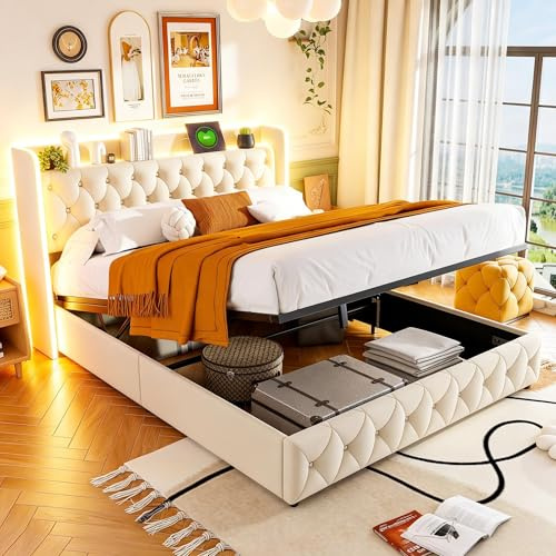 Cama de140x200cm con LED y USB, cama doble acolchada con almacenamiento, cama tapizada de140x200cm con hidráulico, marco de cama de 2 plazas con somier y cabecero de cama para 2 personas(Blanco-1)