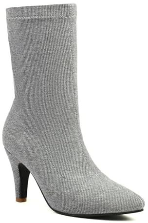 Botines de punto para mujer, con puntera puntiaguda, tacón de aguja, estilo calcetín, sin cordones, informales, para fiesta, para invierno, gris, 34 EU