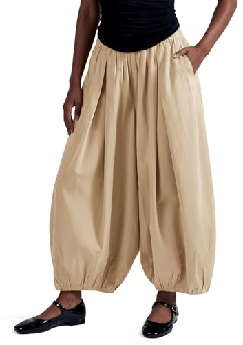 Fisoew Womens Wide Leg Balloon Pants Casual Barrel Elastic Waist Pleated Baggy Workout Sweat Pants with Pockets Khaki