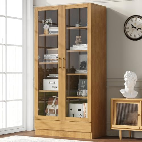 Kebnor Vetrina in vetro (mobile per ufficio/libreria/archivio/scaffale contenitore) – Ripiani sfalsati e non regolabili, cassetti push-to-open senza maniglie,colore legno.(80 * 40 * 160 cm)