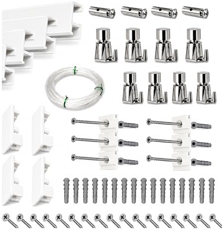 riel colgar cuadros Eurohang Pack 12m Sistema Modular Guías Aluminio Blanco mate con 14 Colgadores Automático, Kit Profesional Cuelga Cuadros sin Clavos para Hogar Oficina Galería