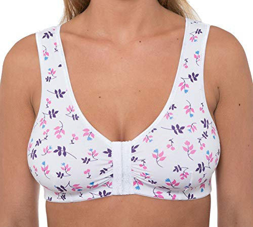 Orchid Womens Stretch Soft Cotton Non Wired Front Fastening Comfortable Bra (42, White Floral)