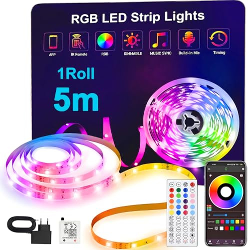 ONSTUY LED Strip 5M, RGB Color Changing LED Strip with 24-Button IR Remote Control for Bedroom, Home, TV, Kitchen, Christmas Decoration, DIY Decoration, Bright SMD 5050 LED Fluorescent Lights