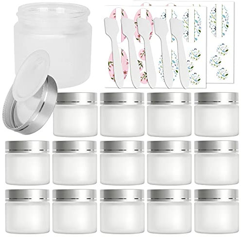 15 Pack, 2 oz 60ml Frosted Glass Jars with Silver Lids & Inner Liners, Empty Matte Clear Round Refillable Cosmetic Containers Travel Jars for Cosmetics,Body Butter,Scrubs,Face Cream Lotion and More