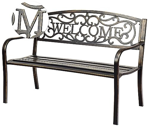 COSTWAY Panchina da Esterno, Panca di Metallo con Schienale Bello, Sedile Ampio e Braccioli Ergonomici, Panchina da Giardino, Balcone e Cortile, Portata 320 kg, 127 x 63,5 x 89 cm (Bronzo)