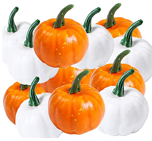 HBell 12 st små konstgjorda verklighetstrogna pumpor, höstskörd, minipumpor för hemträdgård, höst skörd, dekor, tacksägelse eller Halloween-dekoration (vit, orange)