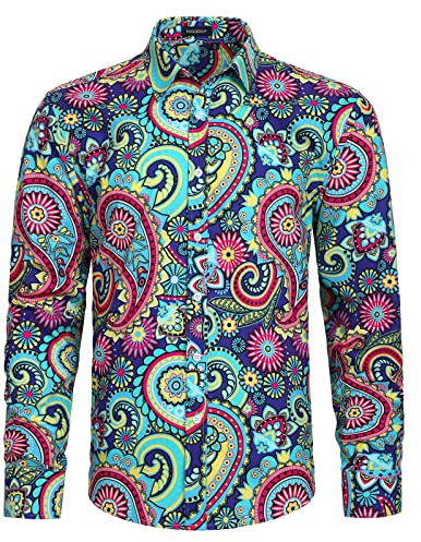 HISDERN Herren Hemd Blumen Langarm Ausgefallene Hemden Bunte Boho Freizeithemden für Herren Strand Urlaub Festival L