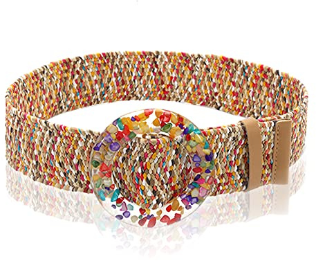 NiceYnn Women Straw Woven Adjustable Stretch Elastic Belt with Wood Buckle, 4.8cm Wide Boho Braided Skinny Waist Belts Vintage Waistband