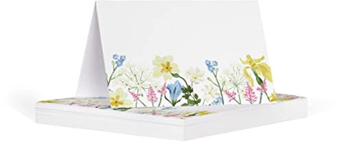 Wildflower name place card | Floral White Folded Table Name Card for Party Reception Birthday | 50 Pieces with Flowers