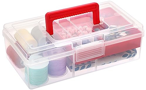 IGNPION Clear Craft Stackable Storage Box with Storage Tray Plastic 5-compartment Mulit Purpose Storage Organiser Container for Arts Crafts, Stationery, Sewing, Tackle, Nail Art, Medicines, Red