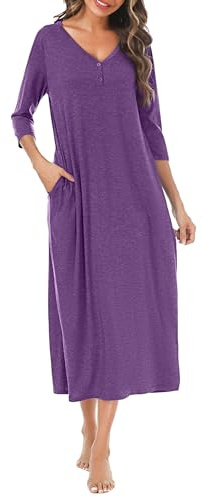 Leversic Women's Long Nightdress 3/4 Sleeve Cotton Long Nightgown Button V Neck Soft Nighties Loose Fit Women’s Dressing Gown With Pockets