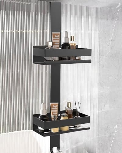 KeZaara Etagere Douche a Suspendre Noir, Etagere Salle de Bain sans Percage, Rangement Douche Acier Inoxydable- Porte gel Douche Salle de Bain,avec 2 Paniers de Douche, Fini Brossé (68.8 × 23 × 10 cm)