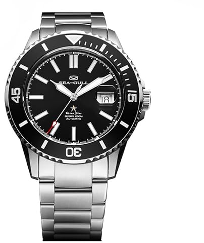 SEA-GULL Seagull 816.523 Automatikuhr für Herren, Edelstahlarmband, 200 m, wasserdicht, mechanisch, mit Kalender, leuchtend, Business, Freizeit, Taucherarmbanduhr, Schwarz , Modern