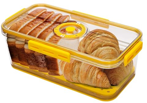 Longzhuo Bread Bin for Kitchen Counter, Time Recording Storage Container with Lid, 6200ML Large Plastic Food Keeper for Homemade Goods, Toast, Pastry, Cookie, Veggies (Yellow)