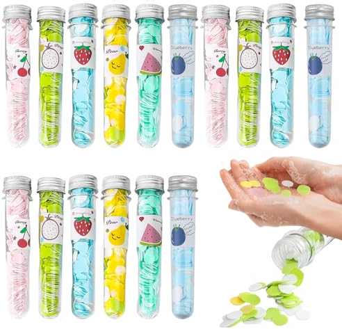 GBKDQQ 16 hojas de jabón, hojas de jabón para viajes, hojas de jabón portátiles, papel desechable, minidiscos de jabón, para camping, senderismo, viajes (serie de frutas)