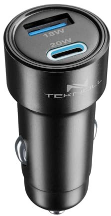 Teknoll - Cargador rápido de 20 W - 2 Puertos: USB 18 W Carga Adaptable + USB-C 20 W Power Delivery - LED Activo - Carga Segura en el Coche - Apto para Todos los Smartphones - Negro