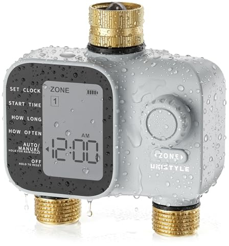 [2026-uppgradering] 2-zoners sprinklertimer med mässingsintag och uttag, enhetlig programmerbar vattentimer för trädgårdsslang, IP55 vattentäta slangtimers med manuell bevattningstimers och för gård