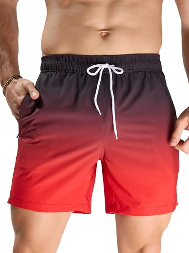Arcweg Simshorts för män med nätfoder, snabbtorkande badshorts, simshorts för män med fickor med dragkedja, surfing simning strand, Svart röd gradient, L