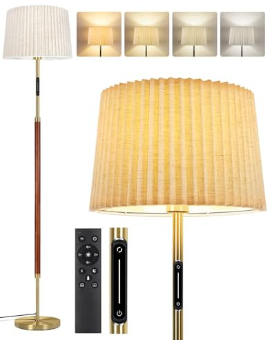 OUTON Lampada da Terra in Legno, Piantana da Salotto con Telecomando & Controllo Touch, 4 Temperature di Colore, Timer 1H, Lampada LED Dimmerabile con Doppio Paralume per Soggiorno, Camera, Ufficio