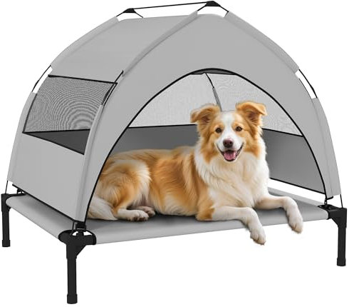 PawHut Elevated Dog Bed with Removable Canopy, Portable Cooling Raised Pet Cot with Breathable Mesh, Storage Bag, for Indoor Outdoor Use, for Small Medium Dogs, 76 x 61 x 60 cm, Light Grey