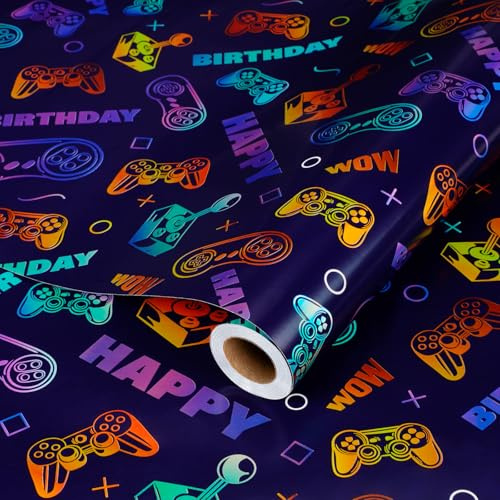 BIOBROWN Gaming Birthday Wrapping Paper Roll, 43cm x 10m | Colourful holographic game print wrap for boys, gamers, birthday parties and holiday gifts