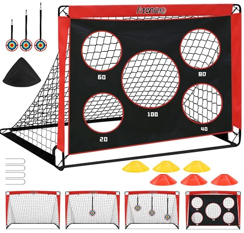 Fitencexu 3-in-1 Fußballtor Kinder mit Torwand & 5 Schusslöchern – Pop-up Tor mit 6 Hindernissen & 3 Zielscheiben für Outdoor-Training, inkl. Tragetasche & Bodennägeln (Rot)