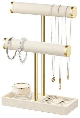 Josmimic Organisateur de Bijoux à 2 Niveaux - Beige Support de Bijoux Amovible en T - Porte-Bracelets en Velours pour Bracelets, Colliers, Montres, Bagues