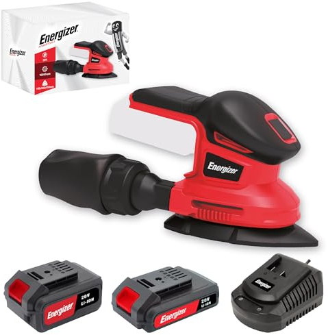 Energizer - Levigatrice Orbitale Multifunzione Triangolare Senza Fili 20V con Batterie Incluse – 10000 OPM, Sacchetto Aspirapolvere, 10 Fogli Abrasivi Inclusi (P60/80/120), Ideale per Finiture e Fa