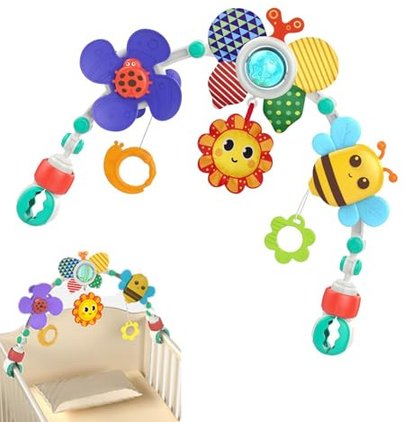 Baby Play Arch Crib Toy, Foldable Hanging Arch Mobile Toys, Stroll Activity Arches with Rattle Toys for Pushchair, Adjustable Travel Play Arches for Stroller Car Seat Crib for Boys Girls